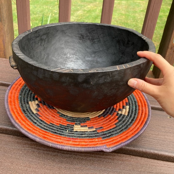 Vintage African Handmade Black Wooden Serving Bowl Decor with Woven Lid Mat